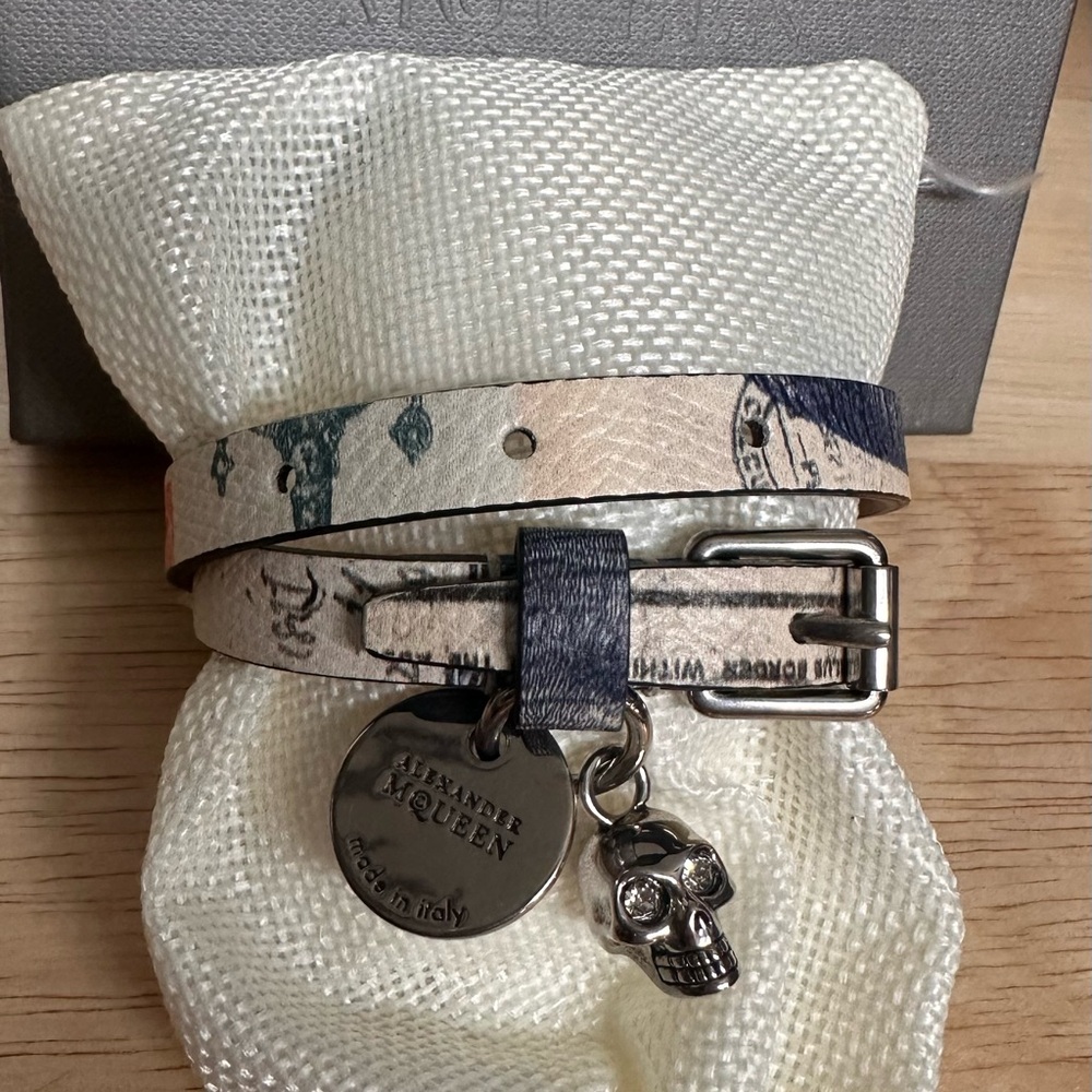 Alexander McQueen Skull Charm Double Wrap Leather Bracelet